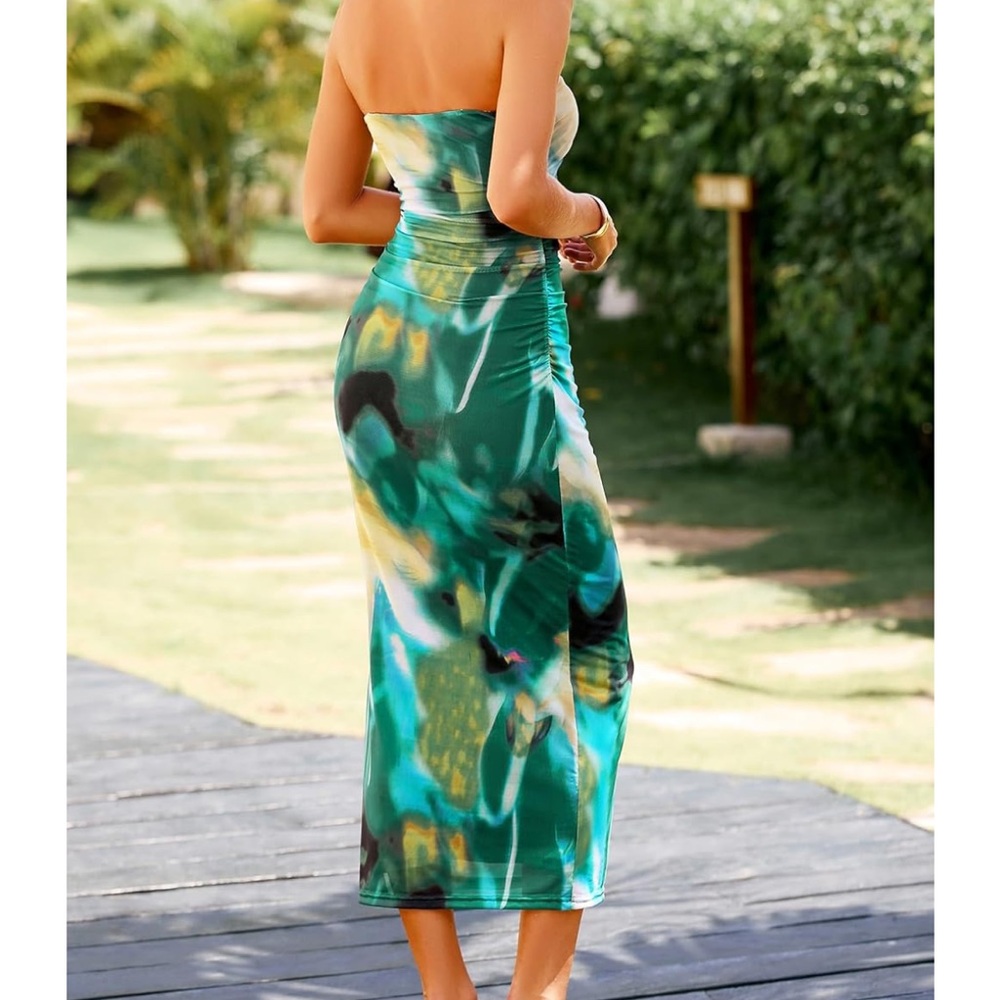 💙 PrettyGarden Strapless Maxi Bodycon Mesh Dress in Green Multicolor - Sz Large - Picture 4 of 10